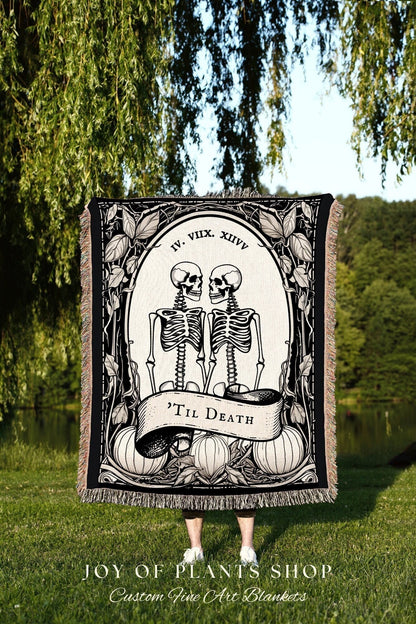 Til Death Do Us Part Woven Throw Blanket Custom Skeleton Couple Woven Blanket | Gothic Wedding Custom Throw Blanket | Victorian Goth Gift