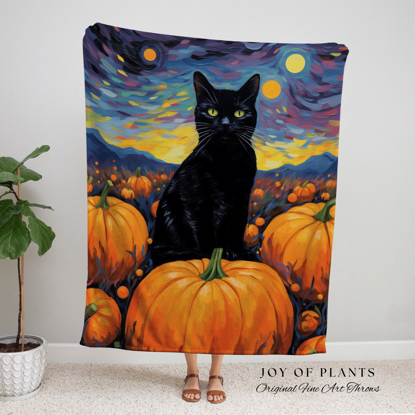 Halloween Cat Blanket Woven Tapestry Starry Night Van Gogh Decor | Pumpkin Patch Black Cat Tapestry Woven Blanket Halloween Decor Whimsigoth