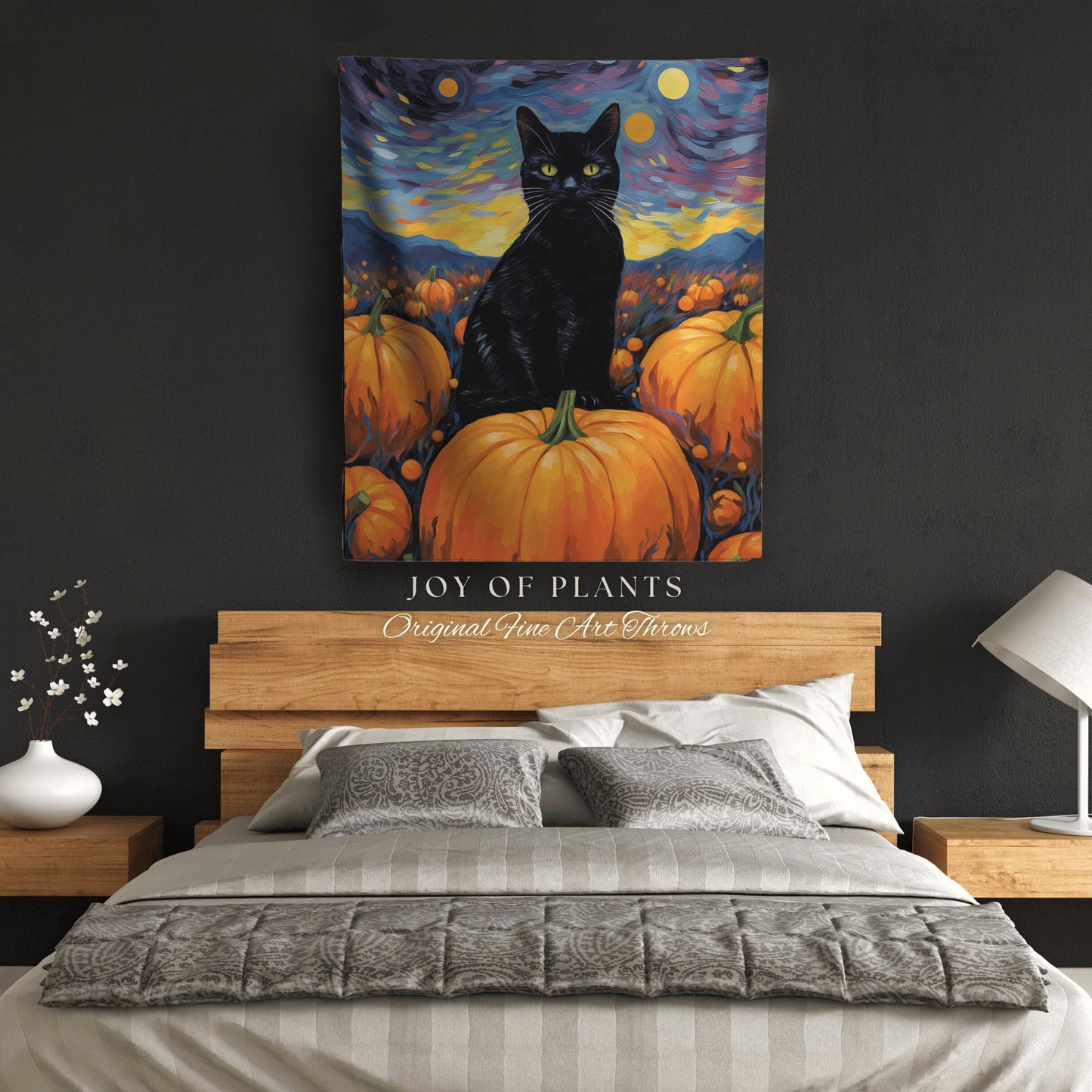 Halloween Cat Blanket Woven Tapestry Starry Night Van Gogh Decor | Pumpkin Patch Black Cat Tapestry Woven Blanket Halloween Decor Whimsigoth