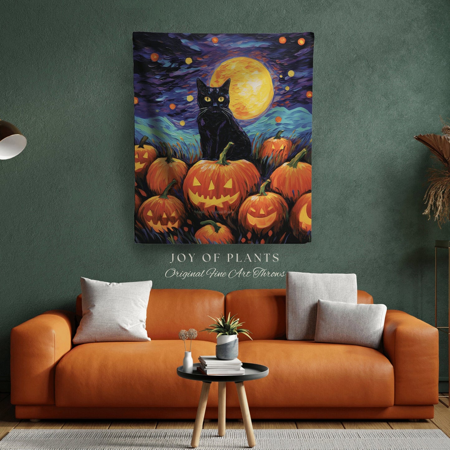 Vintage Jack-o-Lantern Art Halloween Cat Blanket Woven Tapestry Starry Night Van Gogh Decor | Black Cat Tapestry Woven Blanket Halloween Art