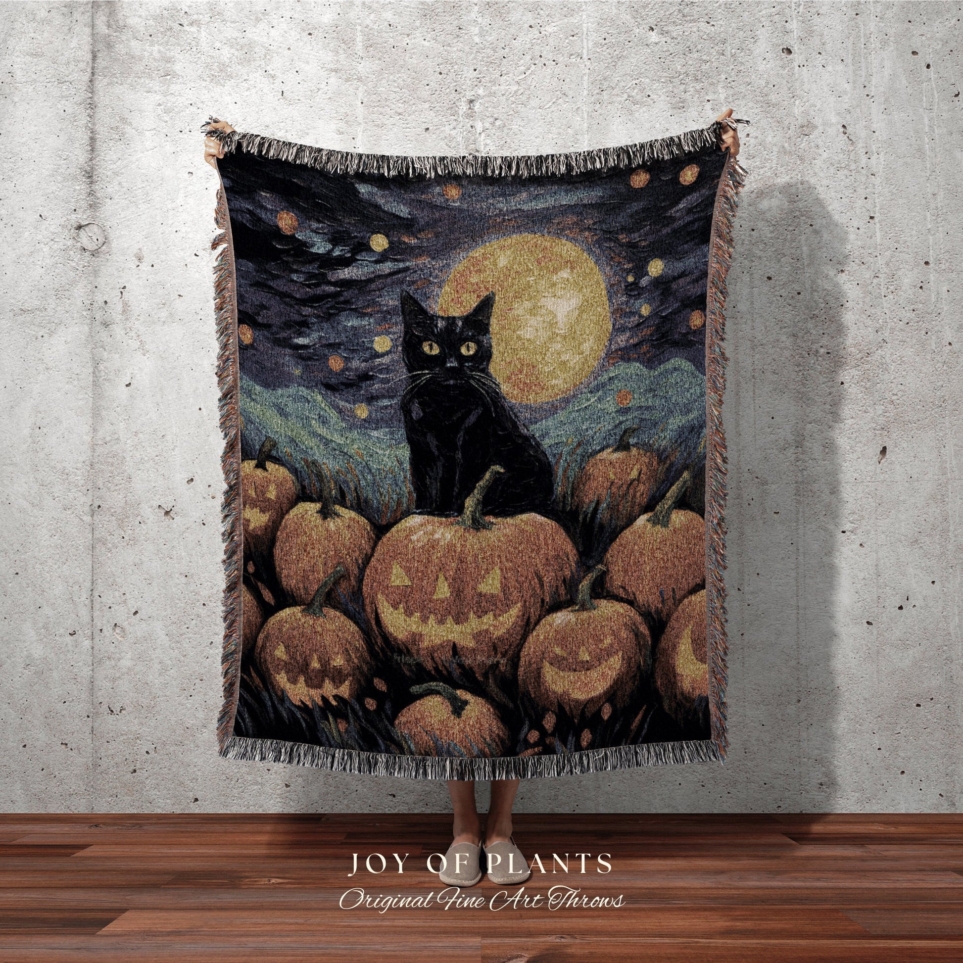 Vintage Jack-o-Lantern Art Halloween Cat Blanket Woven Tapestry Starry Night Van Gogh Decor | Black Cat Tapestry Woven Blanket Halloween Art