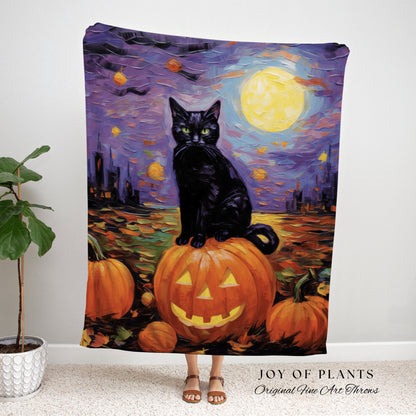 Spooky Halloween Tapestry Cat Blanket Woven | Black Cat Tapestry Woven Blanket Halloween Art | Witchy Decor Pumpkin Art Jack-o-Lantern Decor