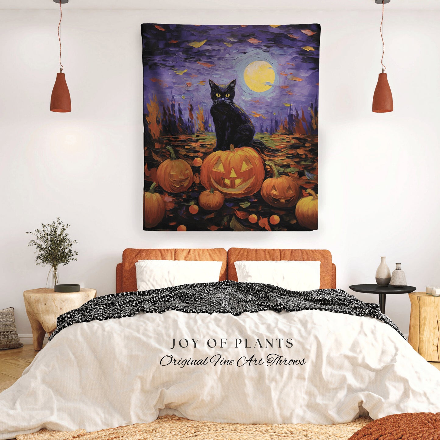 Spooky Halloween Tapestry Cat Blanket Woven | Black Cat Tapestry Woven Blanket Halloween Art | Witchy Decor Pumpkin Art Jack-o-Lantern Decor