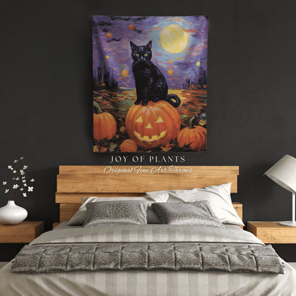 Spooky Halloween Tapestry Cat Blanket Woven | Black Cat Tapestry Woven Blanket Halloween Art | Witchy Decor Pumpkin Art Jack-o-Lantern Decor