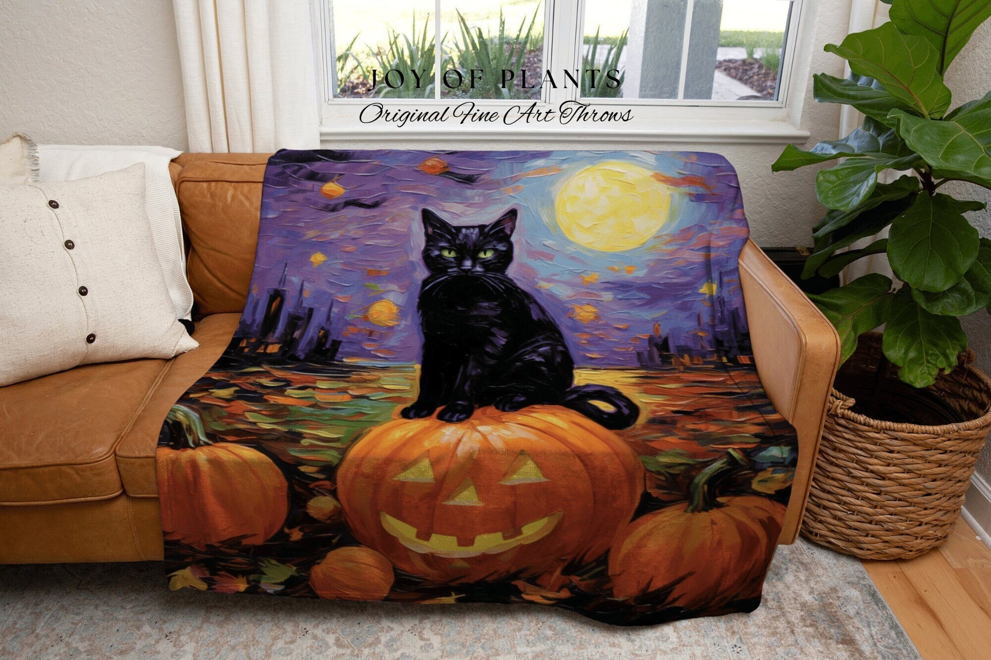 Spooky Halloween Tapestry Cat Blanket Woven | Black Cat Tapestry Woven Blanket Halloween Art | Witchy Decor Pumpkin Art Jack-o-Lantern Decor