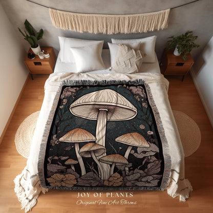 Woodland Mushroom Throw Blanket Whimsical Decor | Mushroom Decor Rustic Nature Blanket Cottagecore Mushroom Tapestry Woven Throw Blanket |