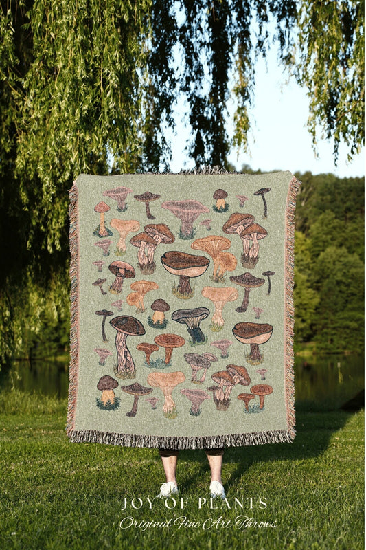 Sage Green Mushroom Blanket | Cottagecore Aesthetic Mushroom Blanket Woven Tapestry | Fairycore Woodland Mushroom Tapestry Woven Blanket |