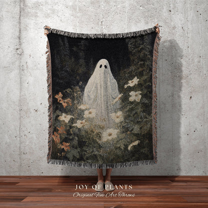 Dark Floral Ghost Blanket Woven Throw | Macabre Wall Art Plant Lovers Decor Spooky Ghost Tapestry Gift for Goth Dark Cottagecore Home Decor