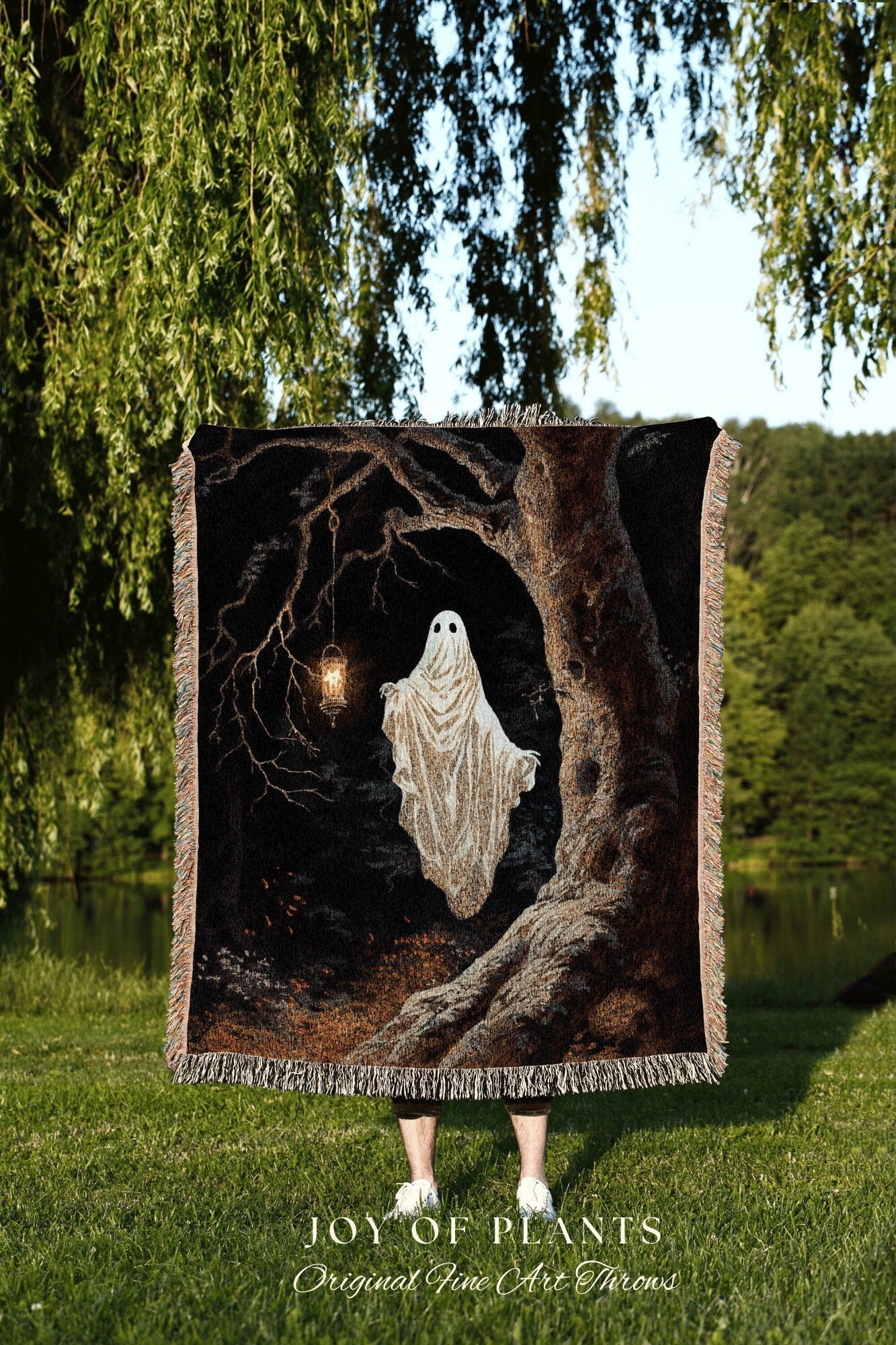 Woodland Gothic Ghost Tapestry Occult Room Decor Woven Blanket | Spooky Cute Ghost Vintage Art Whimsigoth Decor Macabre Halloween Aesthetic