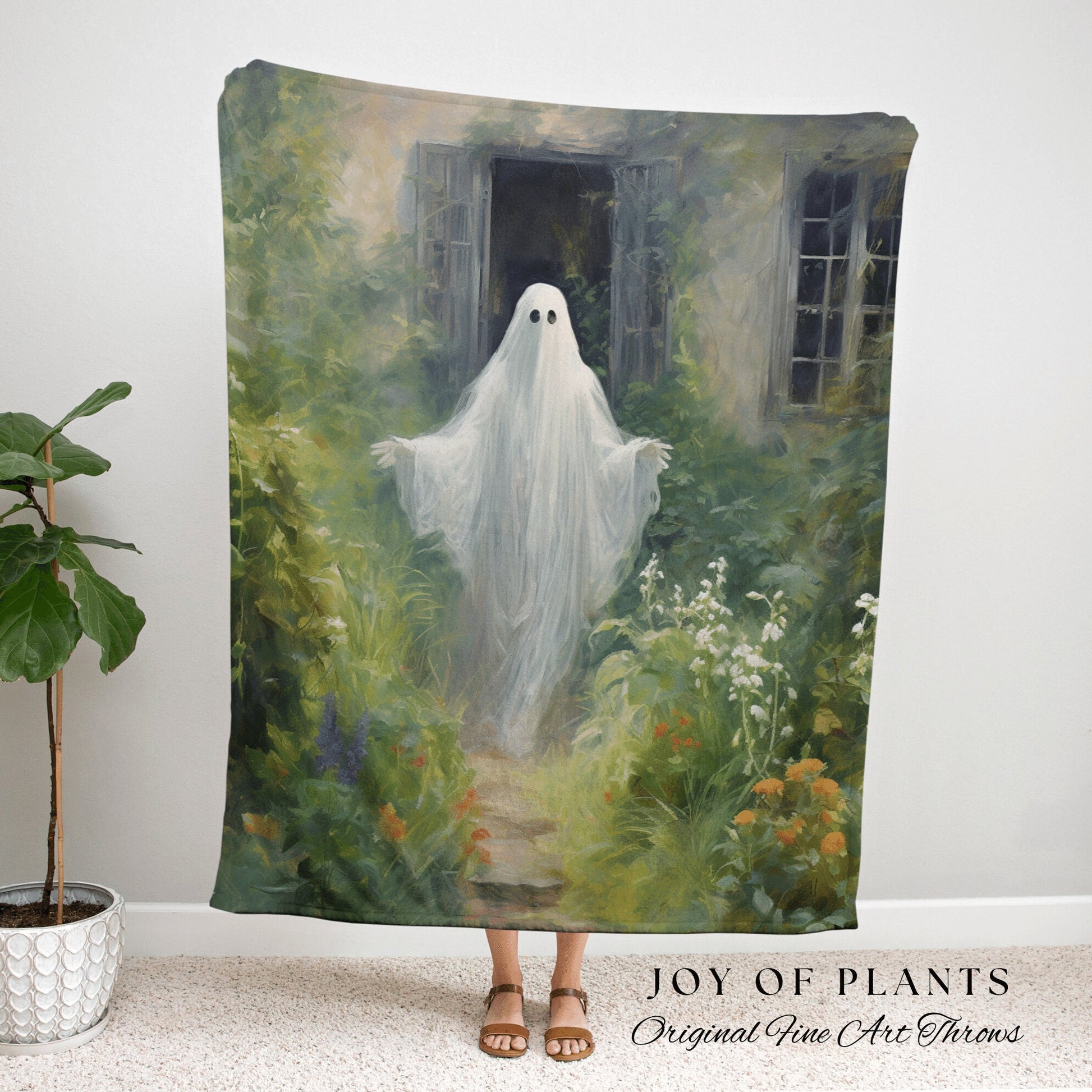 Gardening Ghost Botanical Blanket | Woven Tapestry Blanket Macabre Wall Art Ghost Decor Spooky Tapestry Halloween Dark Floral Whimsigoth |