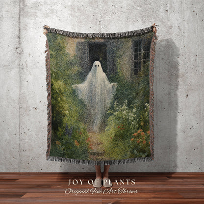 Gardening Ghost Botanical Blanket | Woven Tapestry Blanket Macabre Wall Art Ghost Decor Spooky Tapestry Halloween Dark Floral Whimsigoth |