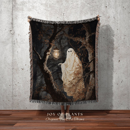 Haunted Forest Spirit Ghost Painting Gothic Tapestry Woven Blanket | Spooky Cute Ghost Art Whimsigoth Home Decor Macabre Halloween Aesthetic