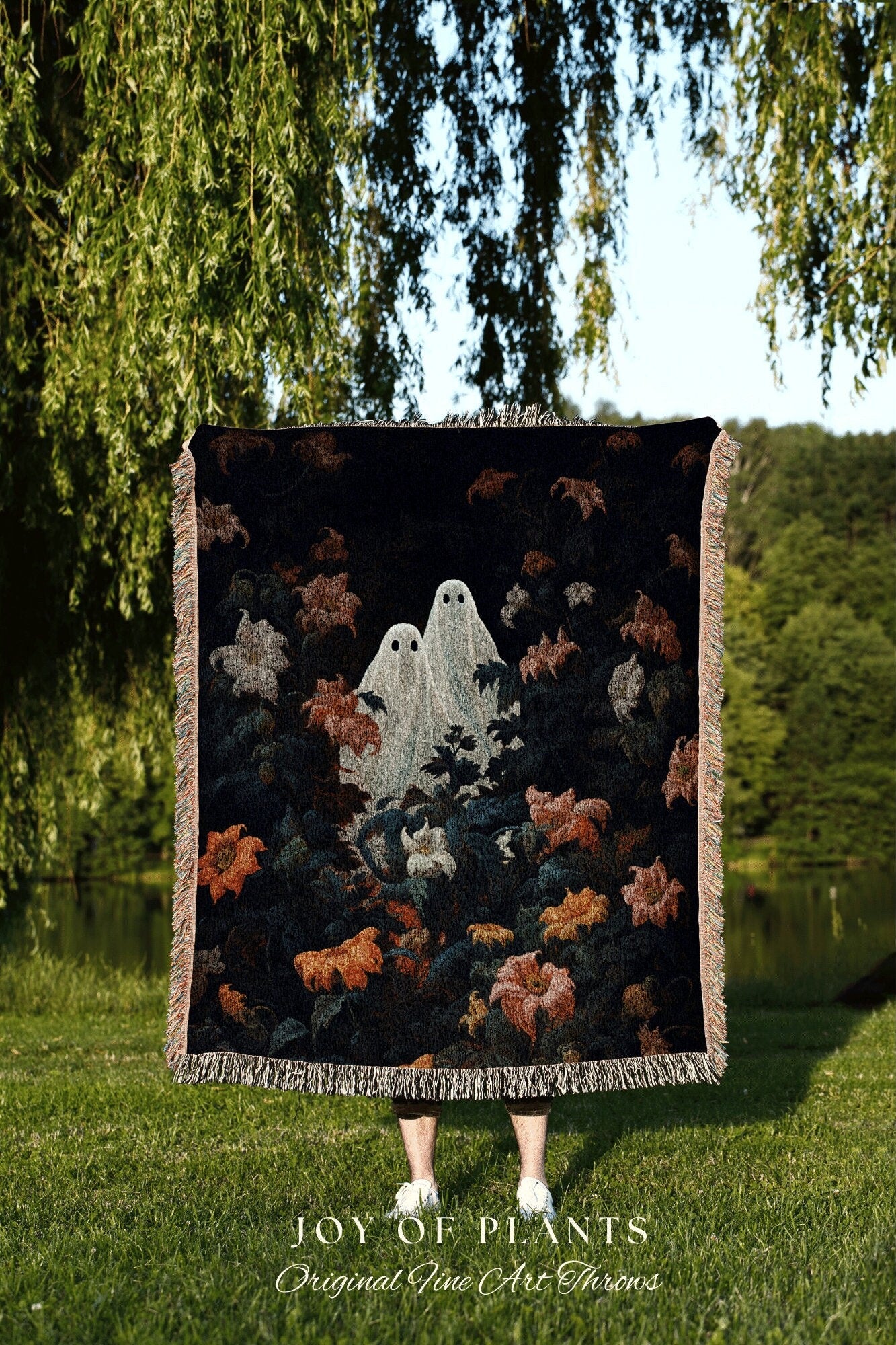 Gothic Ghost Blanket Floral | Woven Tapestry Blanket Macabre Wall Art Ghost Decor Spooky Tapestry Halloween Gift Dark Floral Ghost Painting