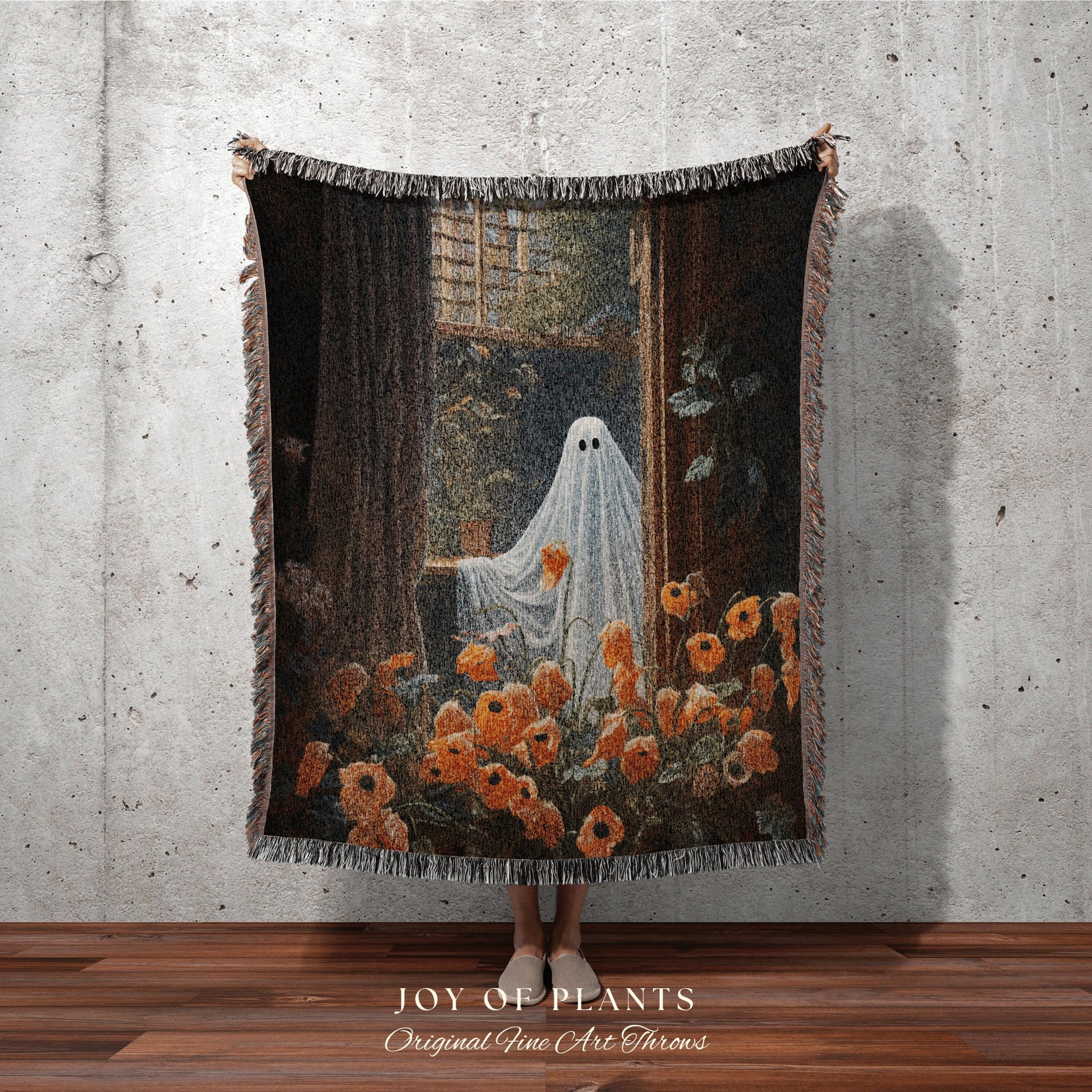 Among The Poppy Flowers Ghost Blanket | Woven Tapestry Blanket Macabre Wall Art Ghost Decor Spooky Tapestry Gift for Halloween Dark Floral |