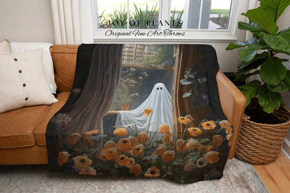 Among The Poppy Flowers Ghost Blanket | Woven Tapestry Blanket Macabre Wall Art Ghost Decor Spooky Tapestry Gift for Halloween Dark Floral |