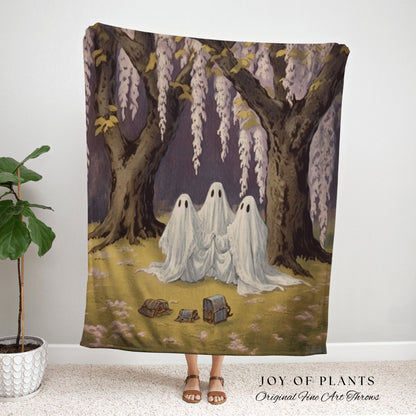 Wisteria Flower Ghost Friends Vintage Halloween Wall Art Blanket Woven Tapestry | Dark Academia Decor Cottagecore Pastel Goth Bedroom Decor