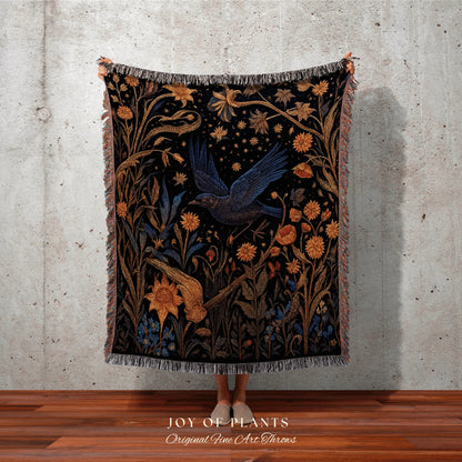 Dark Academia Raven Woven Throw Blanket Crow Wall Art Woven Wall Hanging Gothic Decor Crowcore Aestheic Dark Cottagecore Blanket Cotton