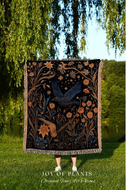 Dark Academia Raven Woven Throw Blanket Crow Wall Art Woven Wall Hanging Gothic Decor Crowcore Aestheic Dark Cottagecore Blanket Cotton