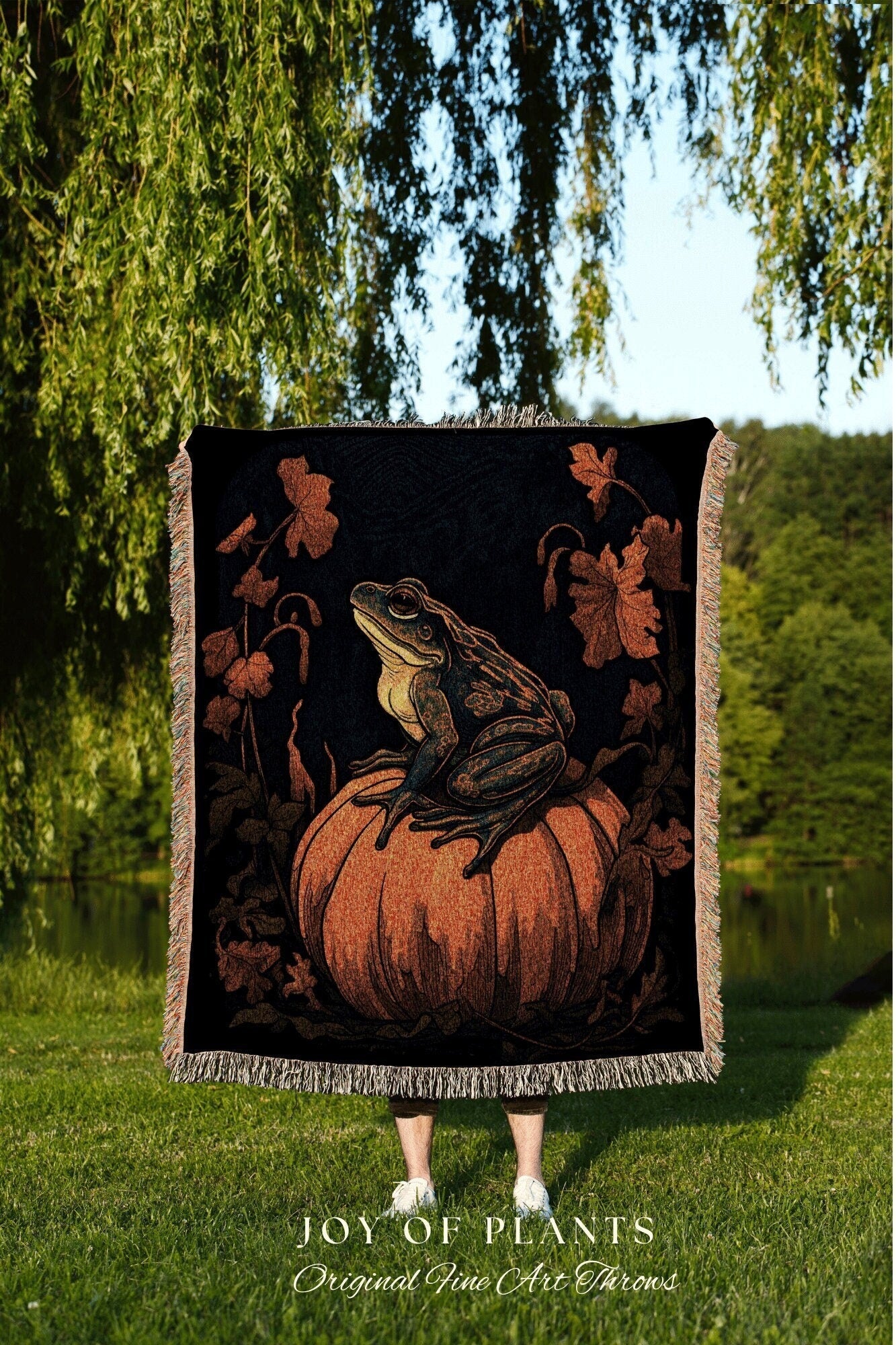 Autumn Decor Blanket Frog Aesthetic | Cottagecore Decor Blanket Woven | Pumpkin Season Autumn Decor Vintage Tapestry | Woven Wall Hanging |