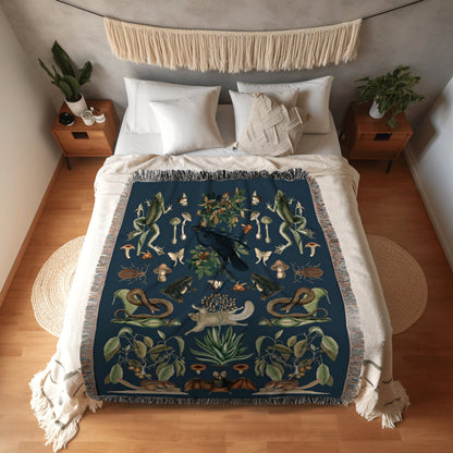 Navy Blue Botanical Tapestry Woven | Gothic Room Decor Bat Tapestry | Dark Academia Tapestry Woodland Gothic | Crowcore Tapestry Blanket |