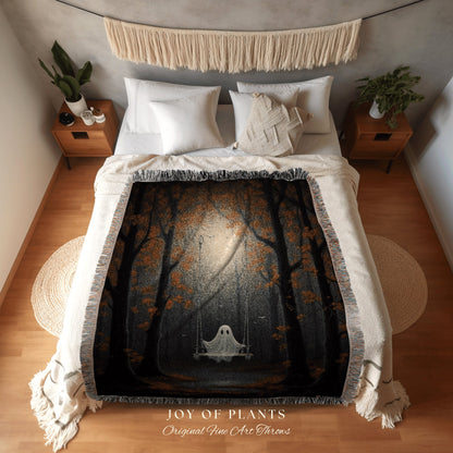 Ghost on a Swing Vintage Art Tapestry Woven Throw Blanket | Macabre Home Decor Blanket Dark Academia Decor Bedroom Whimsigoth Tapestry Woven