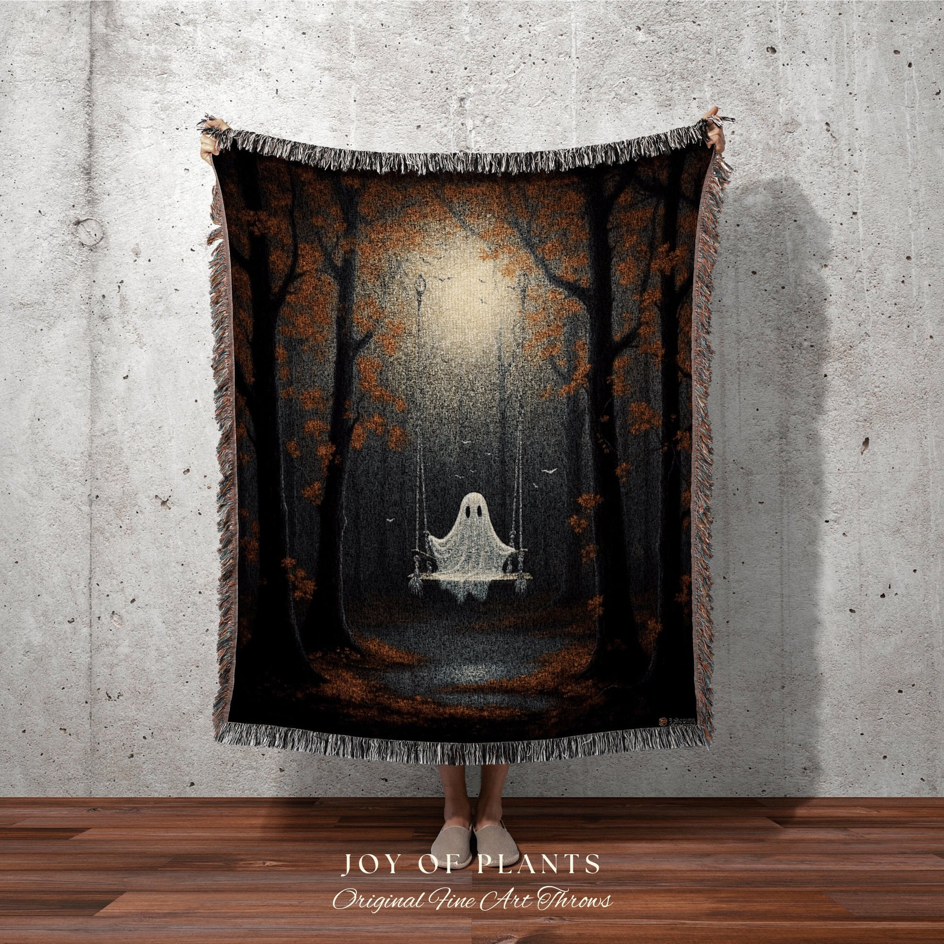 Ghost on a Swing Vintage Art Tapestry Woven Throw Blanket | Macabre Home Decor Blanket Dark Academia Decor Bedroom Whimsigoth Tapestry Woven