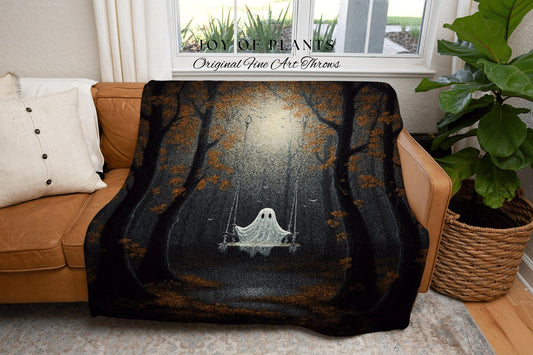 Ghost on a Swing Vintage Art Tapestry Woven Throw Blanket | Macabre Home Decor Blanket Dark Academia Decor Bedroom Whimsigoth Tapestry Woven