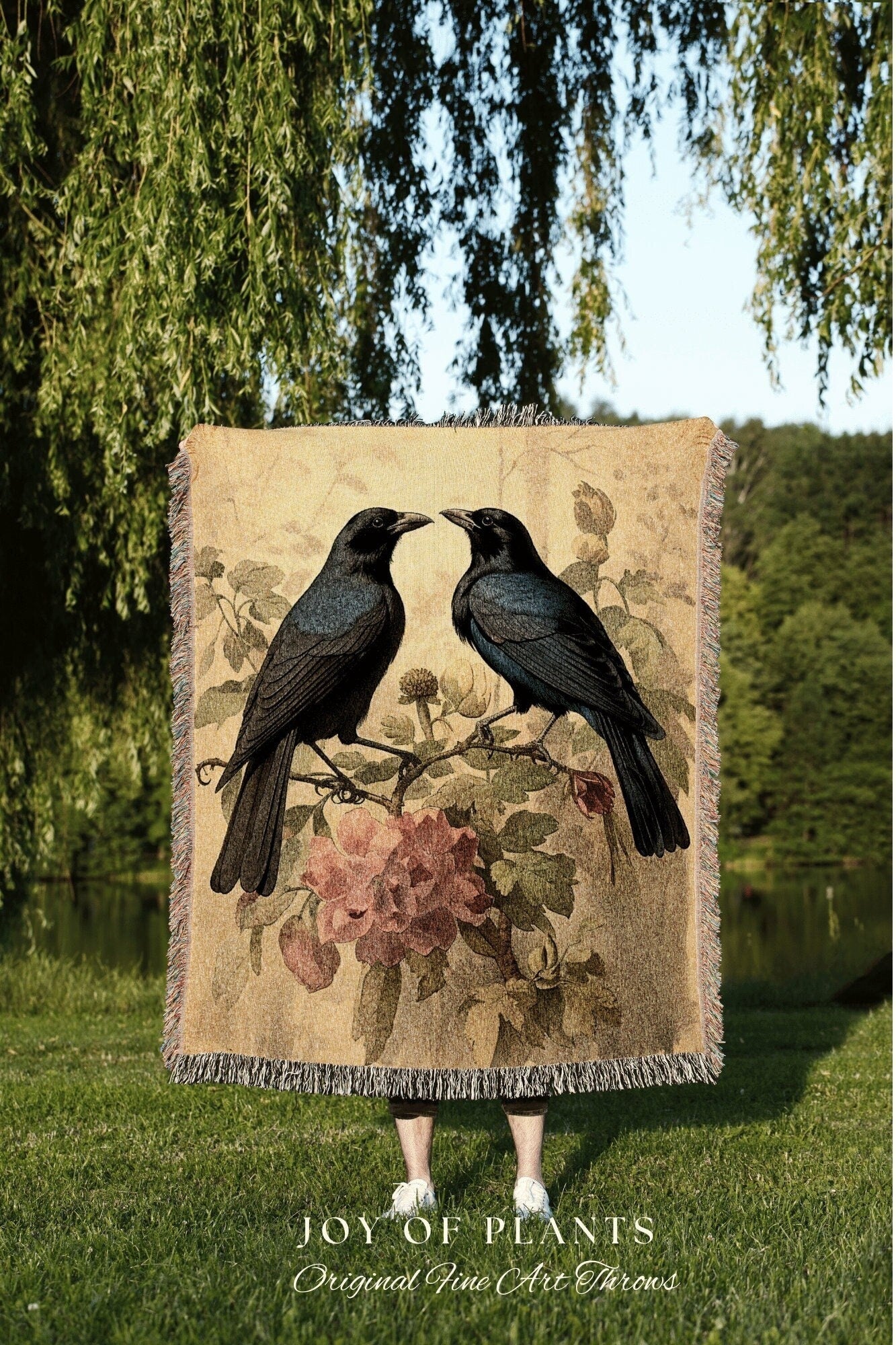 Crow Tapestry Blanket Gothic Room Decor | Black Crow Raven Tapestry Blanket Woven Wall Art | Whimsigoth Room Decor Halloween Crow Aesthetic