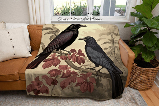 Vintage Crowcore Throw Blanket Gothic Room Decor | Antique Tapestry Blanket Woven Wall Hanging | Whimsigoth Room Decor Halloween Aesthetic |