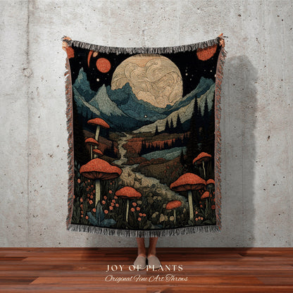 Celestial Mushroom Mountain Throw Blanket Fairycore | Full Moon Woodland Mushroom Tapestry Cottagecore Decor Goblincore Woven Throw Blanket