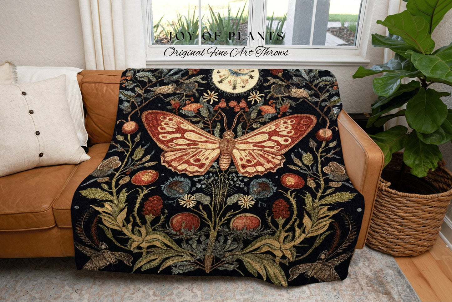 Victorian Gothic Blanket Woven Tapestry Mystical | Dark Academia Moth Blanket Woven Tapestry Cottagecore Decor | Celestial Butterfly Decor |