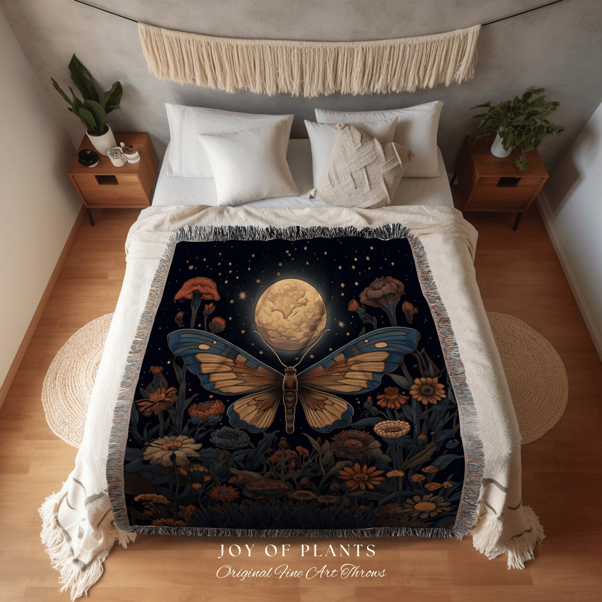 Full Moon Moth Tapestry Blanket Woven | Dark Cottagecore Decor Art Dark Academia Blanket Woven Tapestry Cottagecore Decor Butterfly Bedding