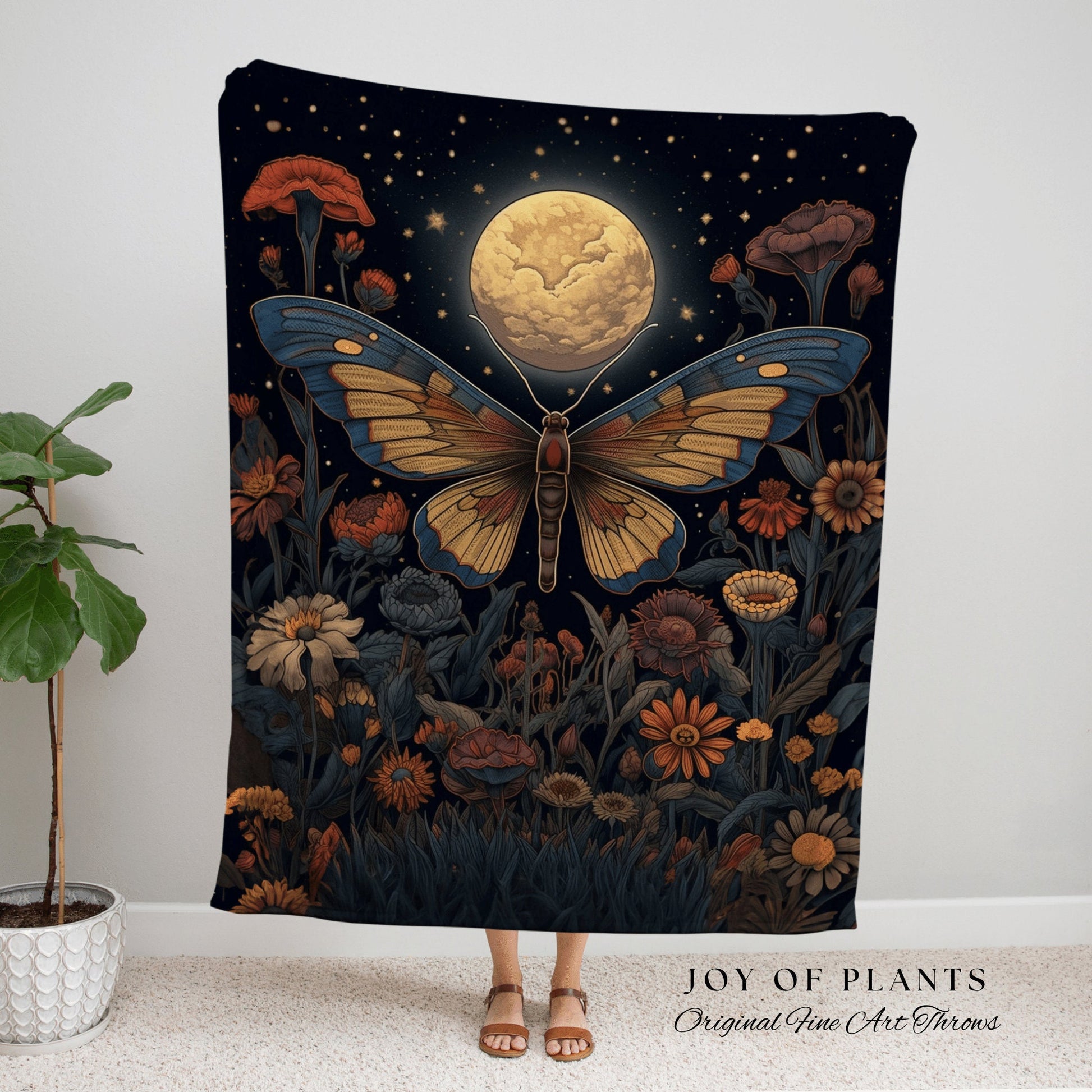 Full Moon Moth Tapestry Blanket Woven | Dark Cottagecore Decor Art Dark Academia Blanket Woven Tapestry Cottagecore Decor Butterfly Bedding