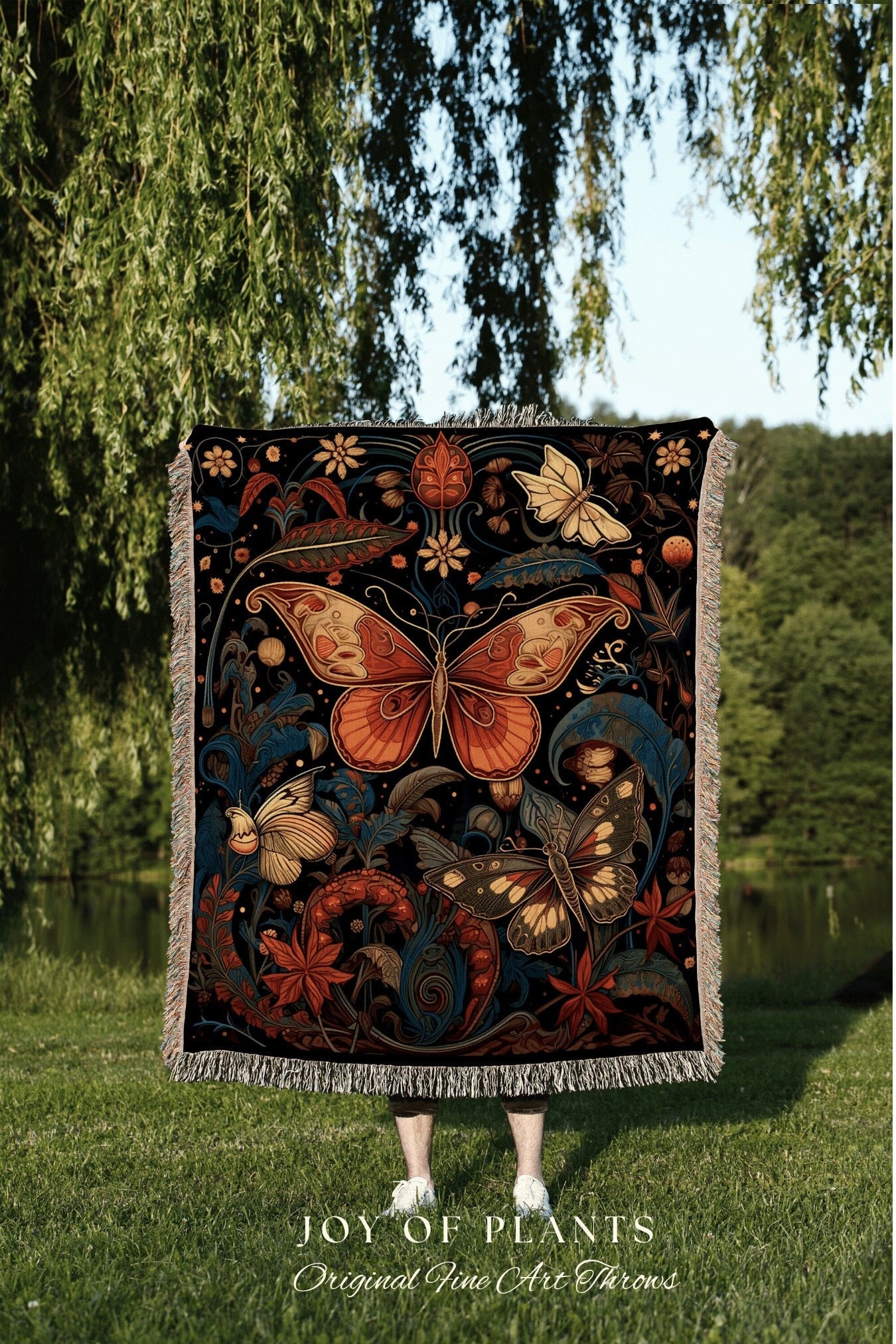 Celestial Moth Blanket Woven Tapestry Dark Cottagecore Decor Mystical | Dark Academia Blanket Woven Tapestry Cottagecore Decor Butterfly |