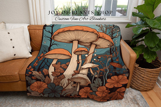 Cottagecore Mushroom Throw Blanket | Vintage Mushroom Tapestry Woodland Blanket | Cottagecore Decor Mushroom Blanket Nature Lover Gift |