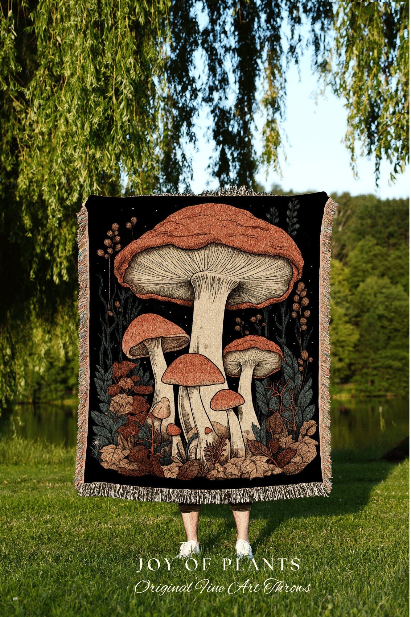 Celestial Mushroom Throw Blanket Cottagecore Decor | Mushroom Woven Throw Blanket Woodland Tapestry | Cottagecore Mushroom Vintage Blanket