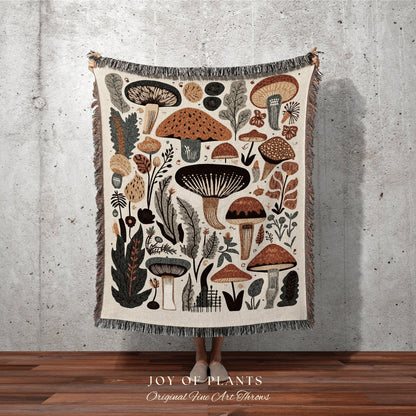 Retro Vintage Mushrooms Woven Throw Blanket | Mushroom Tapestry Woven | Mushroom Throw Blanket Toadstool Aesthetic | Mushroom Woodland Decor