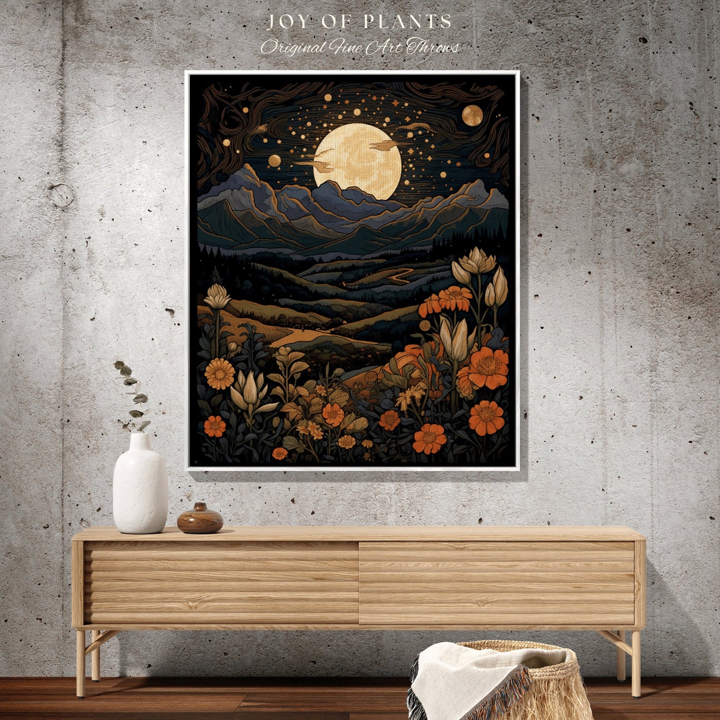 Moonlit Floral Landscape Wall Art Woven Tapestry Wall Hanging | Desert Aesthetic Blanket Woven Tapestry | Landscape Tapestry Whimsical Decor