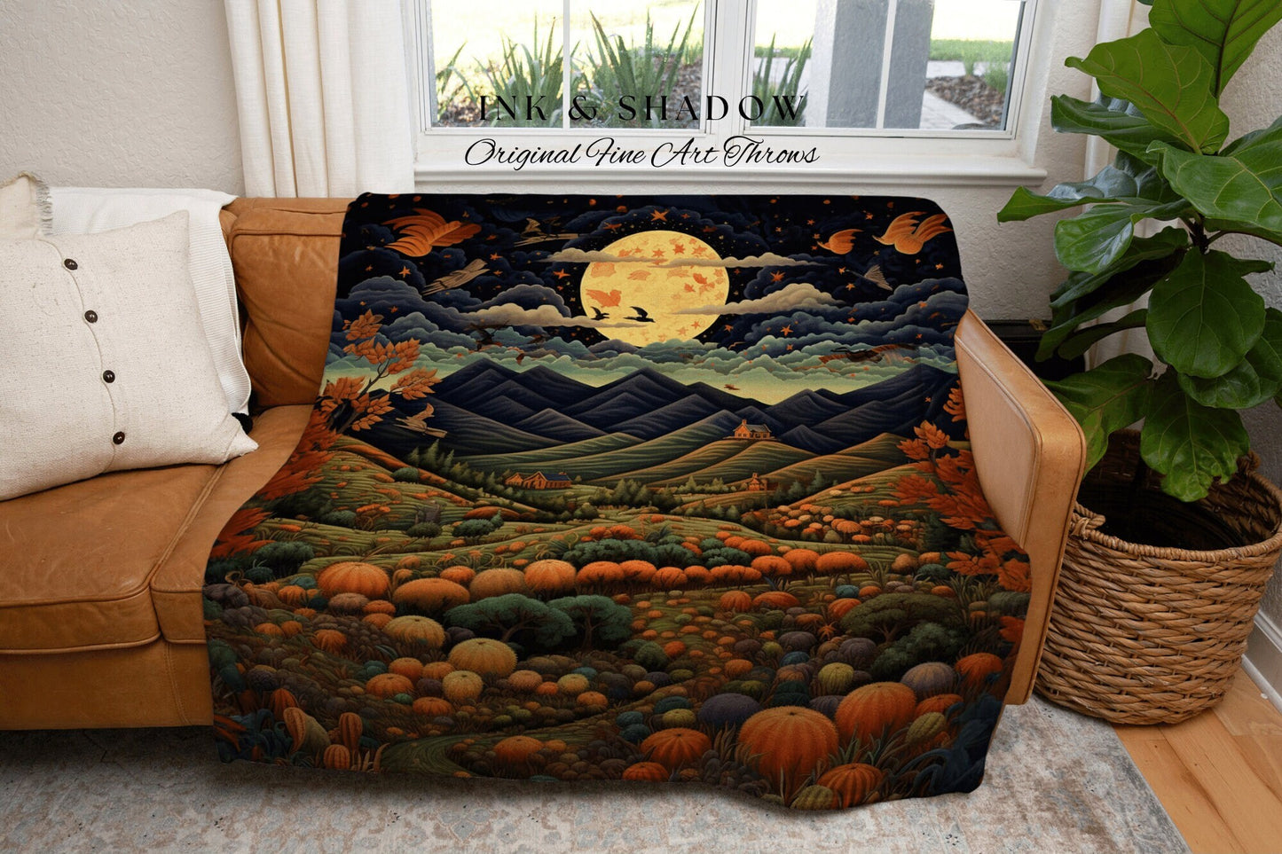 Woven Tapestry Vintage Fall Aesthetic | Pumpkin Patch Autumn Decor Vintage Floral Landscape Blanket | Woven Wall Hanging Tapestry Cozy Decor