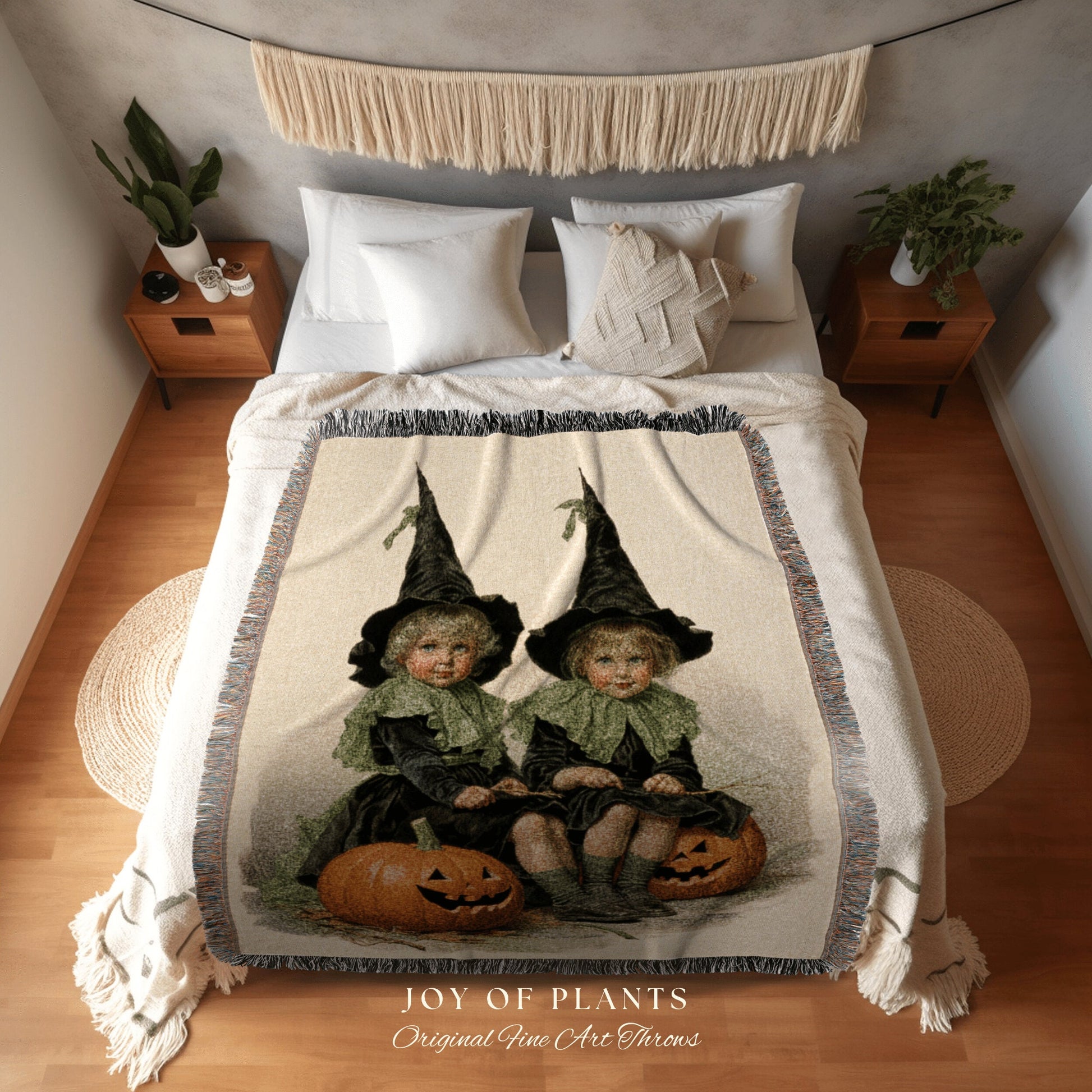 Kids Halloween Decor Witch Tapestry Woven Blanket | Vintage Witch Halloween Decor Blanket Dark Academia Bedroom Midcentury Halloween Cute |