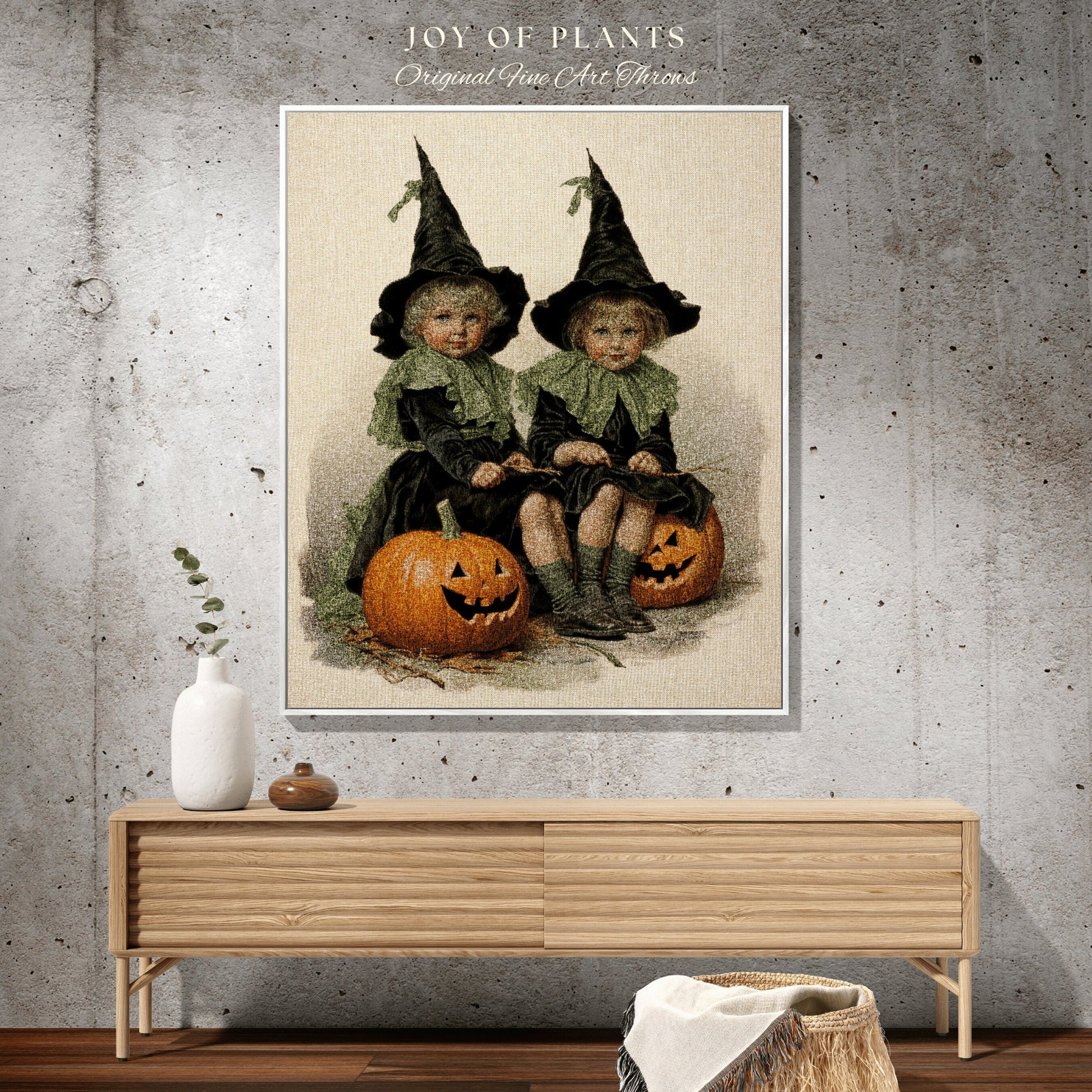 Kids Halloween Decor Witch Tapestry Woven Blanket | Vintage Witch Halloween Decor Blanket Dark Academia Bedroom Midcentury Halloween Cute |