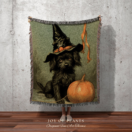 Halloween Puppy Vintage Decor Woven Blanket | Vintage Dog Halloween Antique Decor Blanket Dark Academia Bedroom Midcentury Halloween Cute |