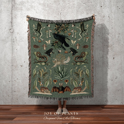 Sage Green Goblincore Blanket Woven | Gothic Room Decor Bat Tapestry | Dark Academia Tapestry Woodland Gothic | Crowcore Tapestry Blanket |