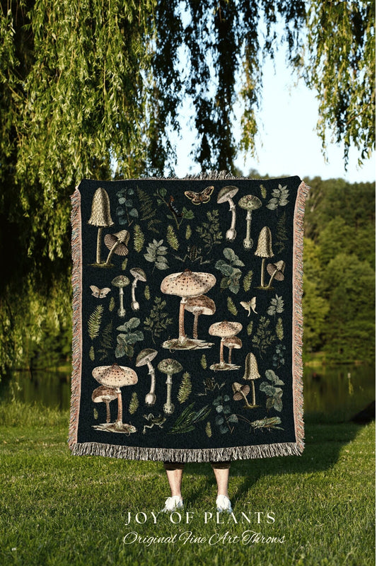 Mushroom Blanket Woven Tapestry Cottagecore Decor | Mushroom Aesthetic Botanical Vintage Tapestry | Mushroom Tapestry Eclectic Bedroom Decor