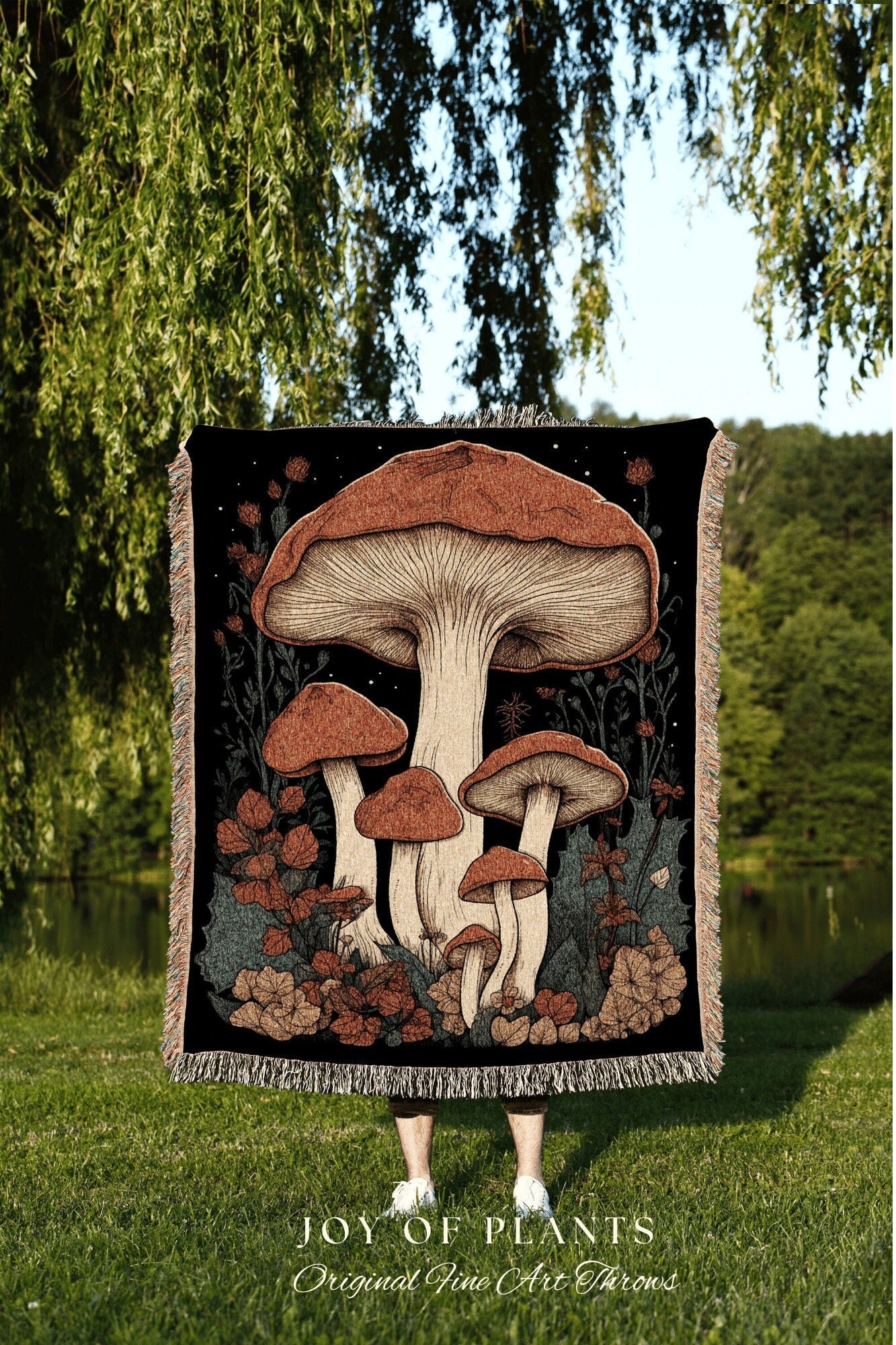 Woven Botanical Mushroom Art Woodland Decor | 70s Mushroom Tapestry Woven | Mushroom Throw Blanket Toadstool Aesthetic | Mushroom Woodland