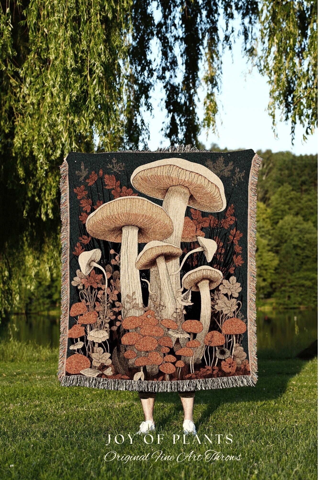 Retro Vintage Woven Mushroom Art Woodland Decor | Mushroom Tapestry Woven | Mushroom Throw Blanket Toadstool Aesthetic | Mushroom Woodland