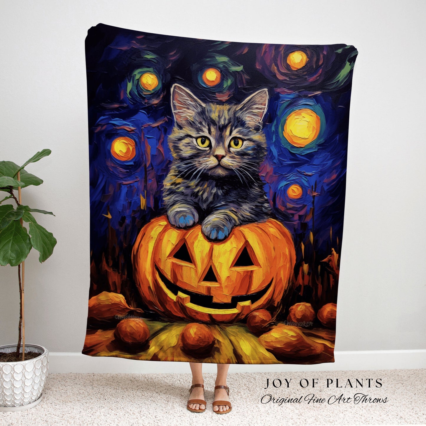 Jack-O-Lantern Kitten Tapestry Blanket Woven Throw Halloween Cute Decor | Pumpkin Patch Black Cat Tapestry Woven Blanket Halloween Decor |