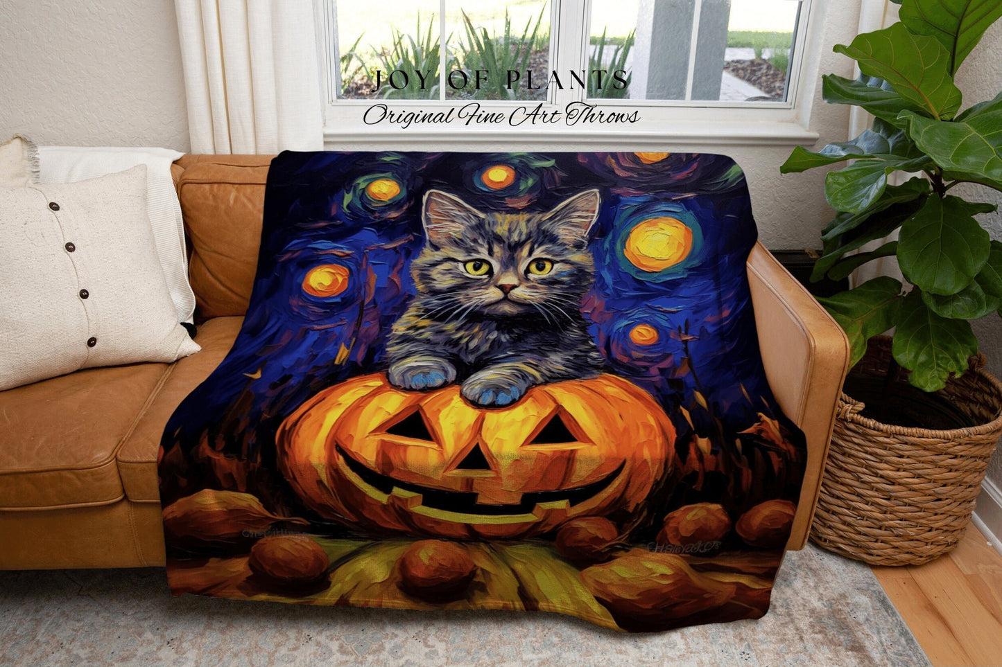 Jack-O-Lantern Kitten Tapestry Blanket Woven Throw Halloween Cute Decor | Pumpkin Patch Black Cat Tapestry Woven Blanket Halloween Decor |