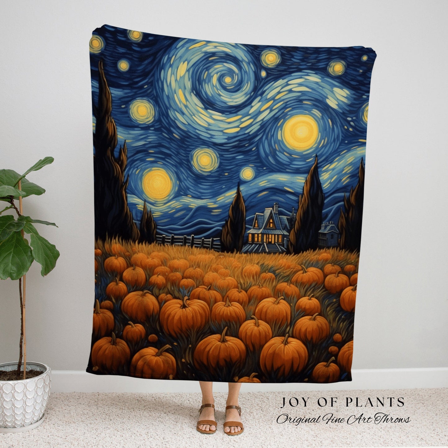 Starry Night Landscape Autumn Blanket Woven Tapestry | Pumpkin Season Autumn Decor Vintage Tapestry | Woven Wall Hanging Tapestry Halloween