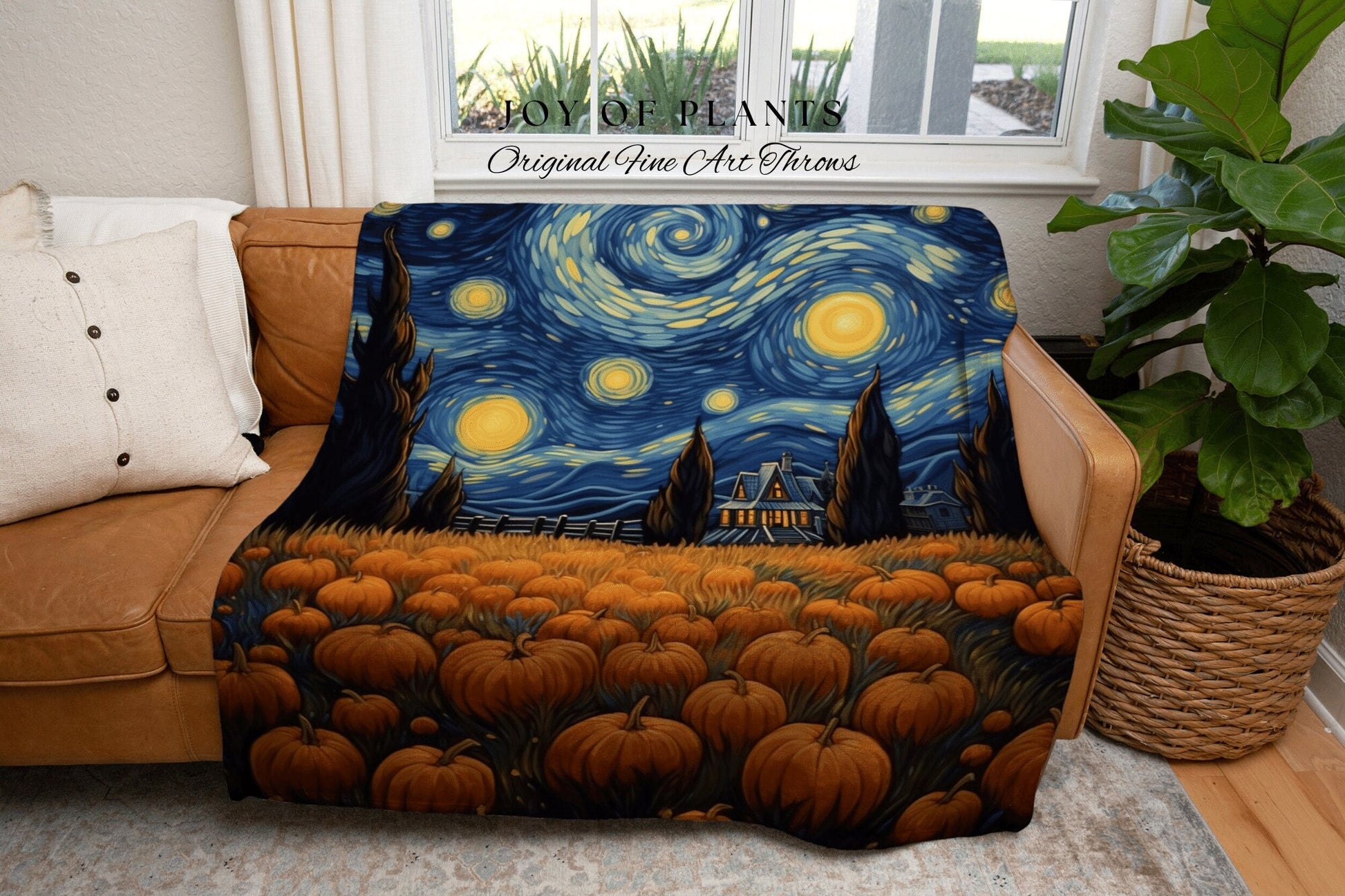 Starry Night Landscape Autumn Blanket Woven Tapestry | Pumpkin Season Autumn Decor Vintage Tapestry | Woven Wall Hanging Tapestry Halloween